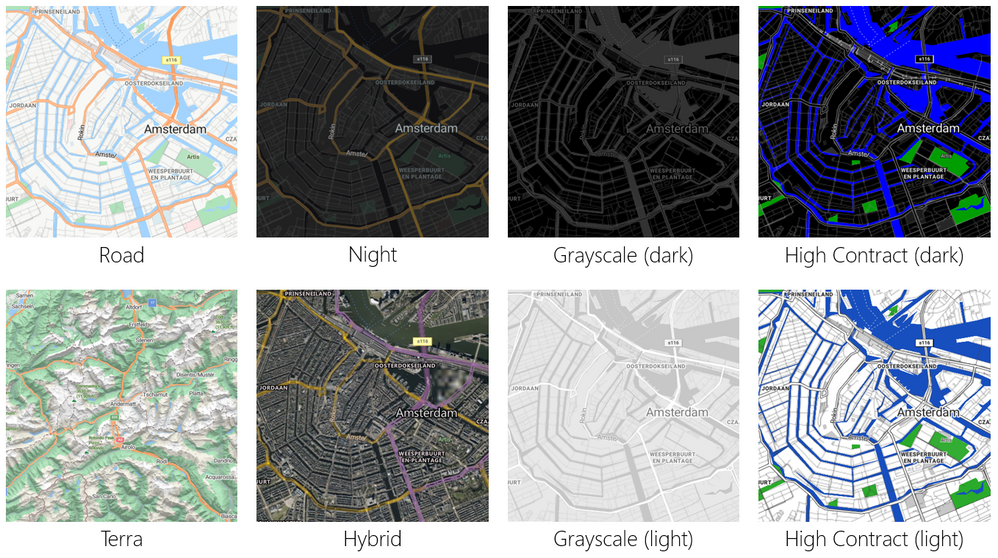 8 panel sample of new Bing Maps Styles