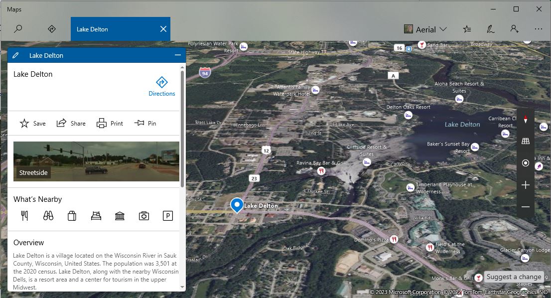 3D imagery of lake Delton in Windows Maps Application