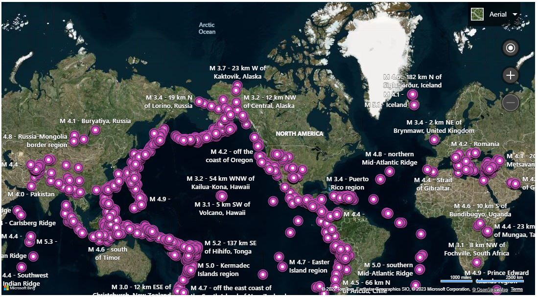 USGS Earthquakes data shown on Virtual Earth