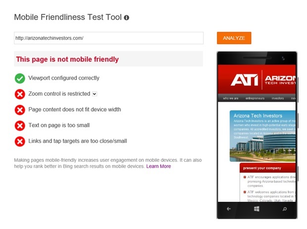 Image of an example of page with verdict "This page is not mobile friendly"