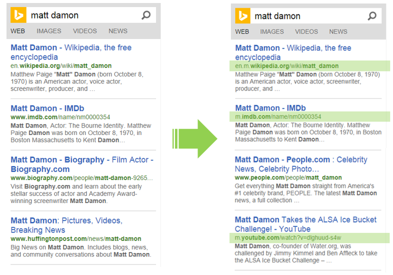Example of Bing mobile results for "Matt Damon", before (left) and after the update (right).