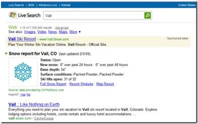 Image of Vail snow report instant answer on Live Search