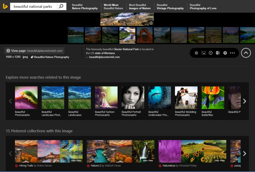 Researching beautiful national parks in Bing Image Search