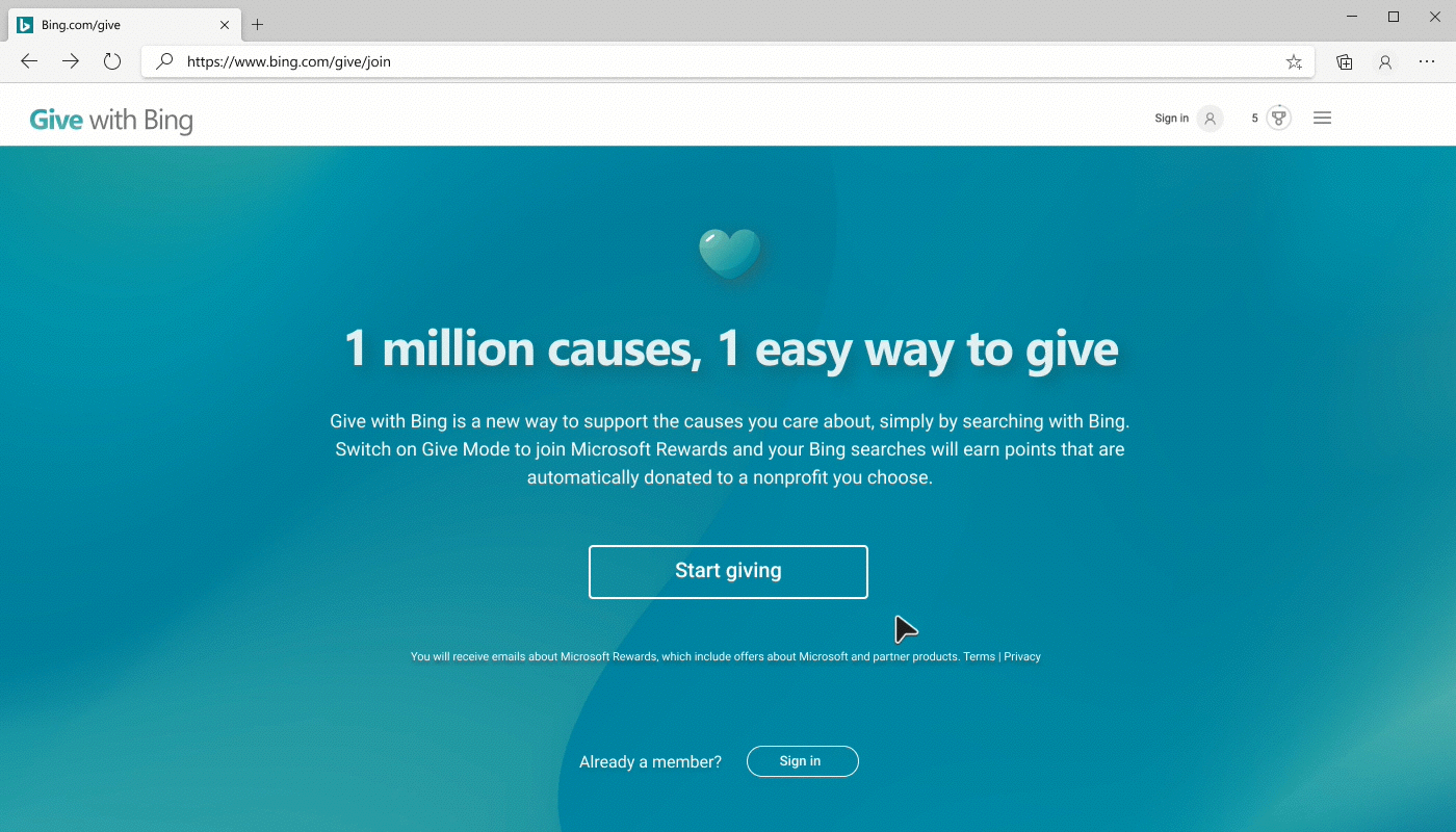 Give with Bing: Join Page and Donation Dashboard