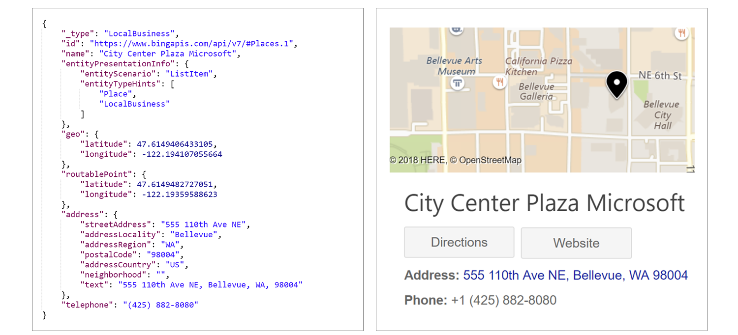 Bing Local Business Search API JSON response