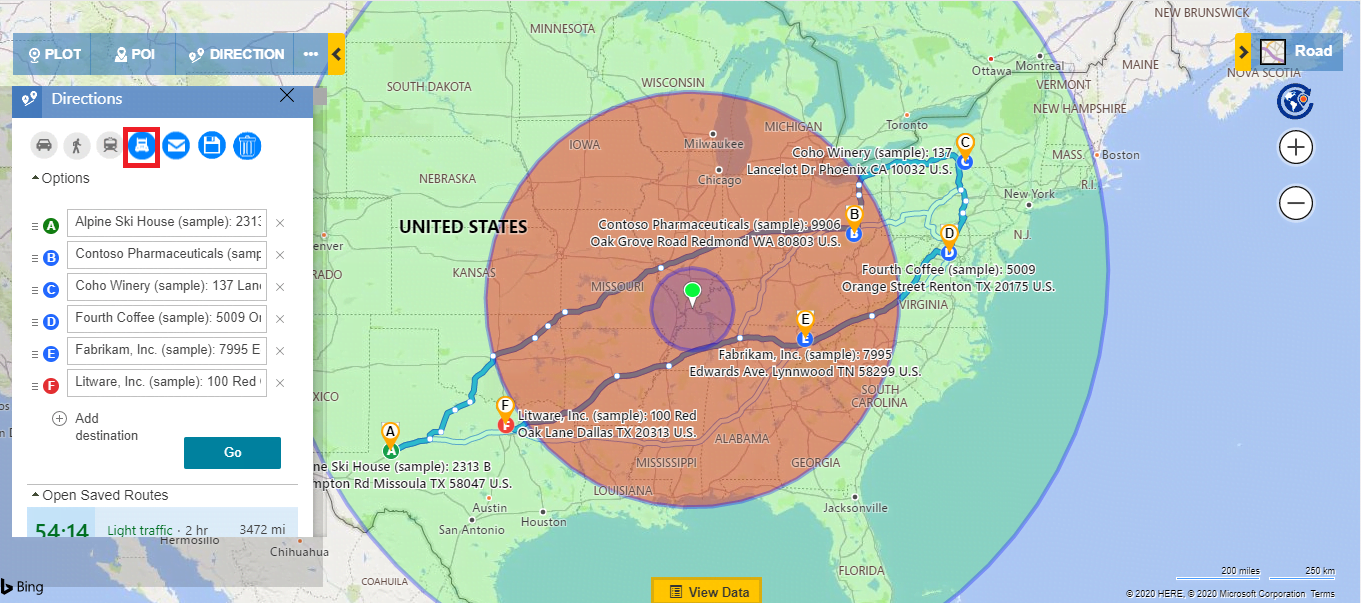 a radius map for a shipping route
