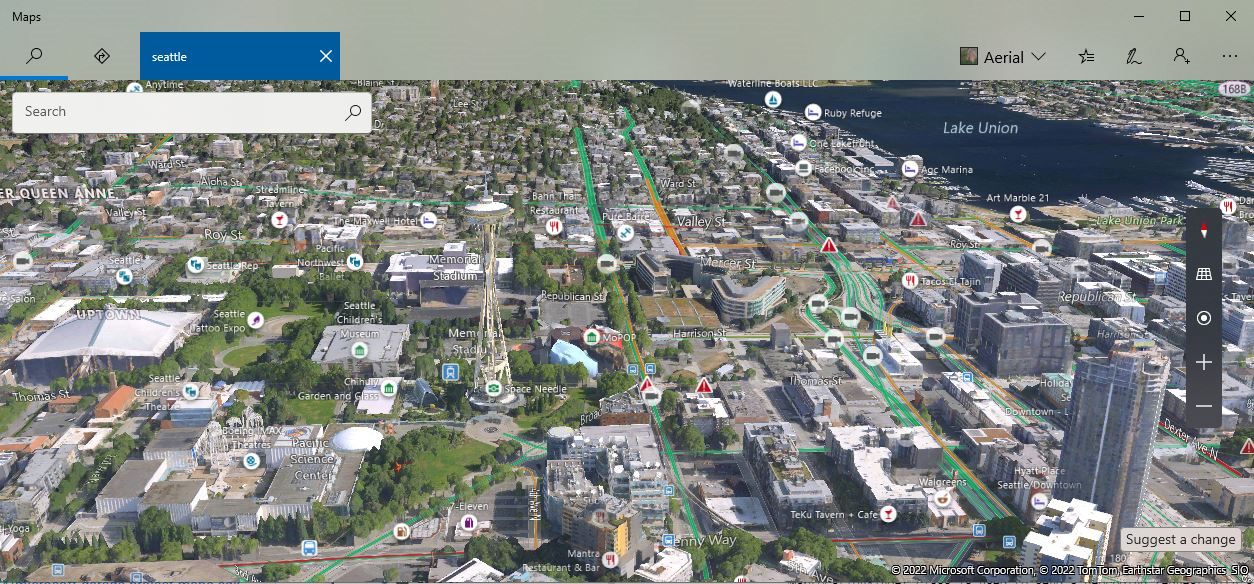 a 3d map view of Seattle with traffic