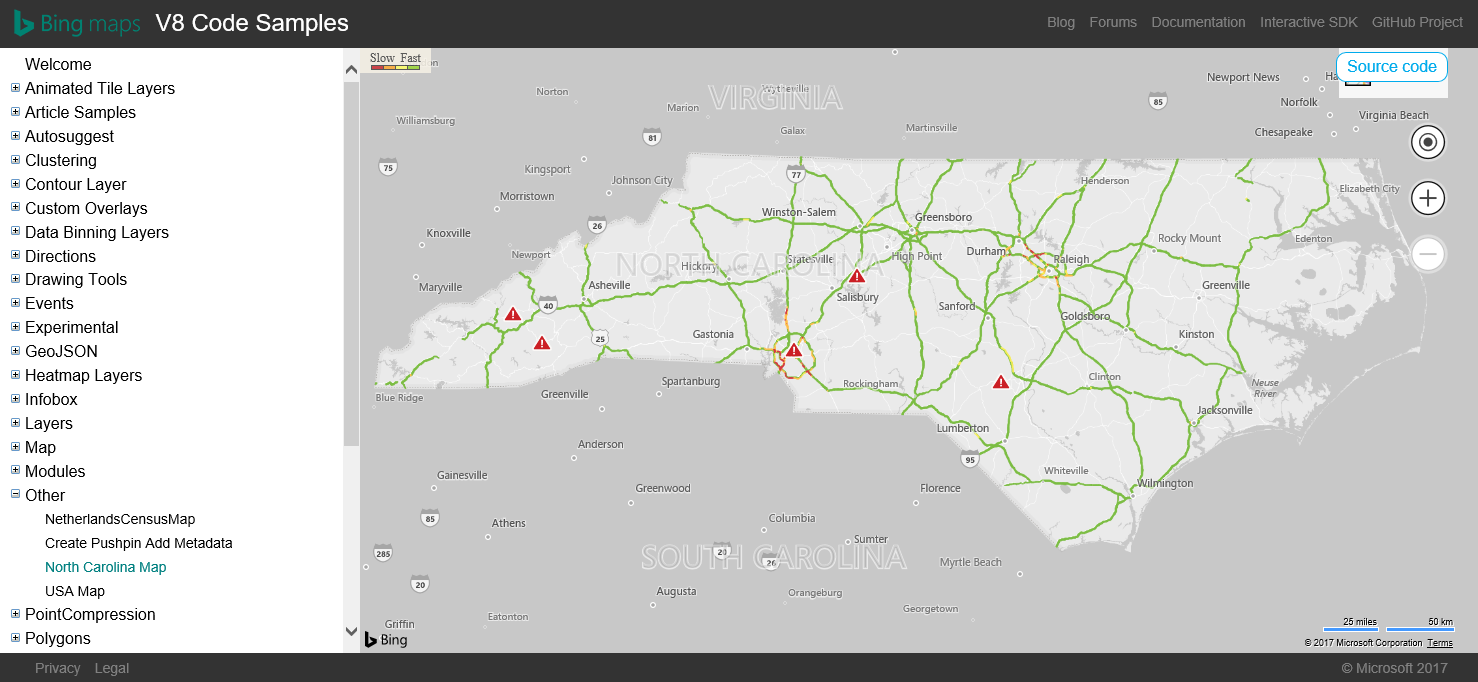 Bing Map image of North Carolina
