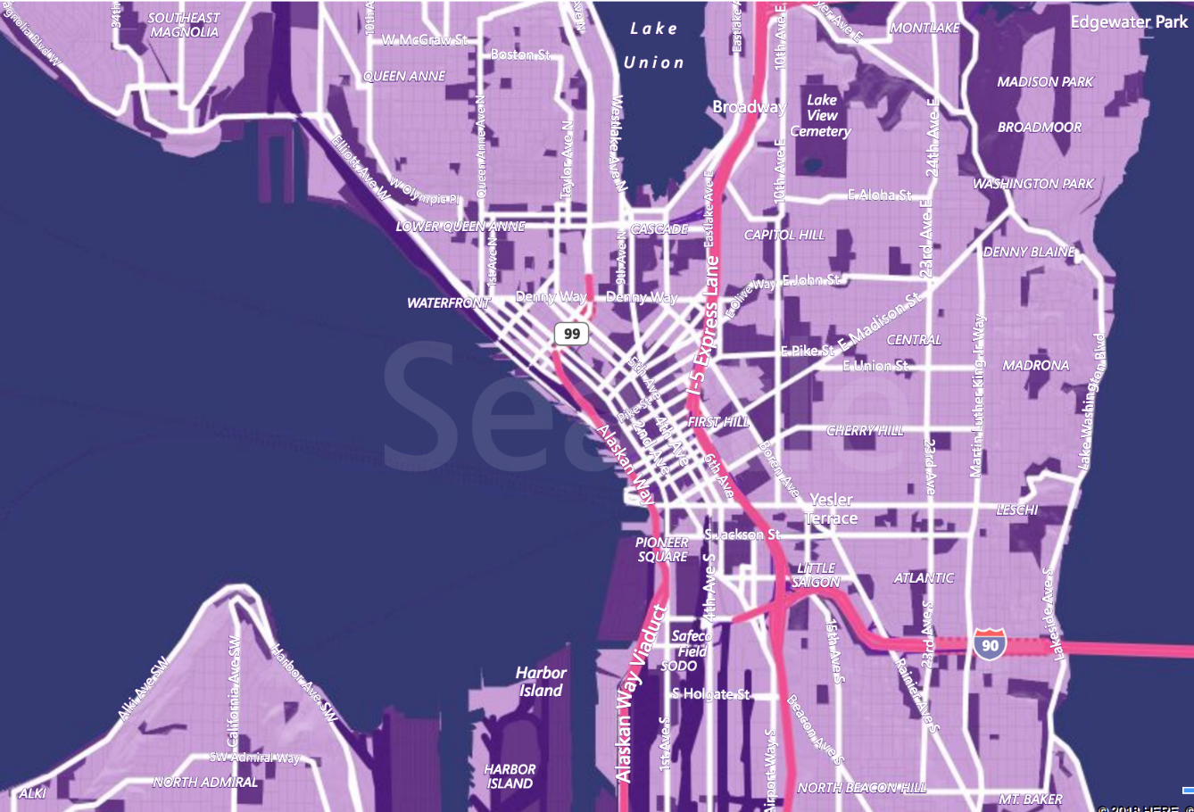 a map of Seattle segmented into different colors