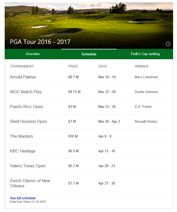PGA Tour 2016 - 2017 Schedule