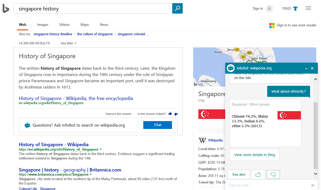 Bing InfoBot Singapore History