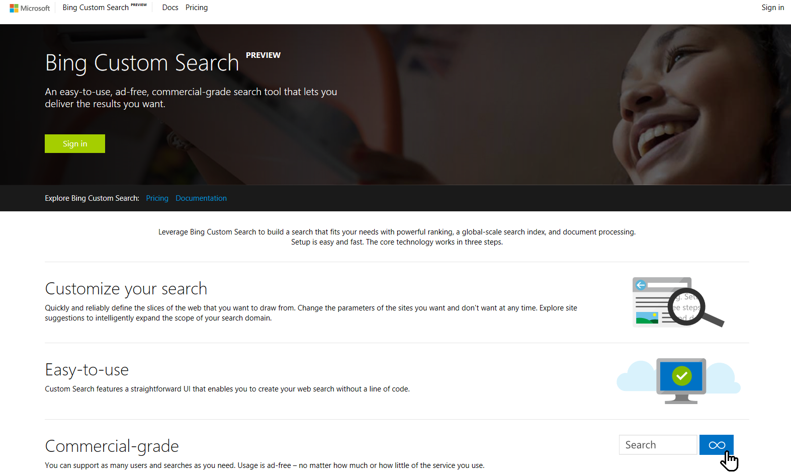 Bing Custom Search Preview webpage