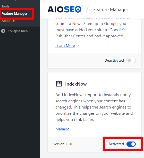 AIOSEO Feature manager Speed Up Your SEO Results with IndexNow and AIOSEO