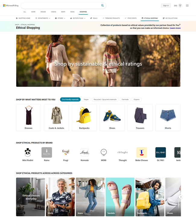 Die Ethical Shopping Hub Website bei Bing