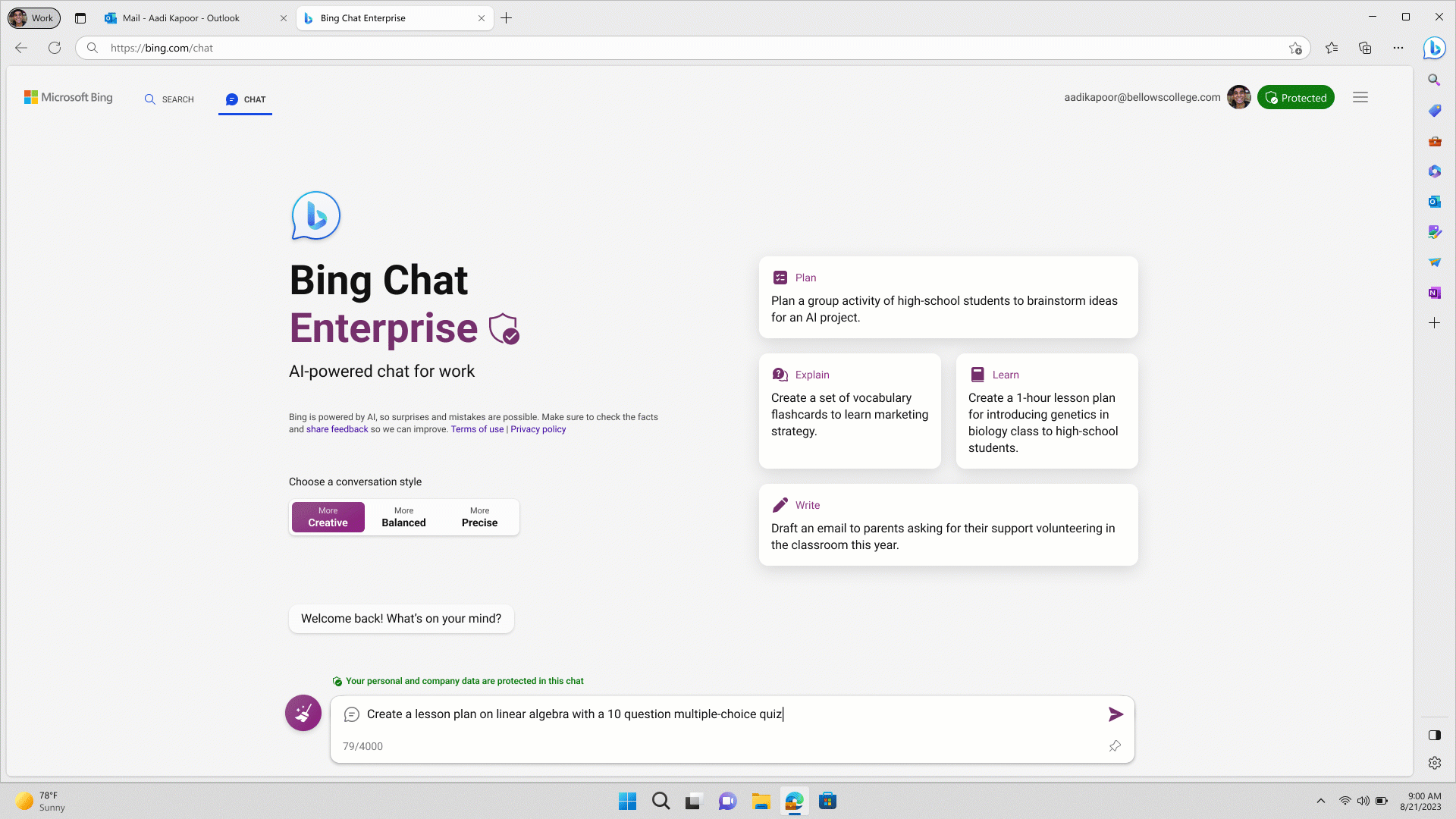 Alt Text: A GIF of the bing.com/chat homepage, which shows suggested prompts, search bar, and a teacher signed in.
