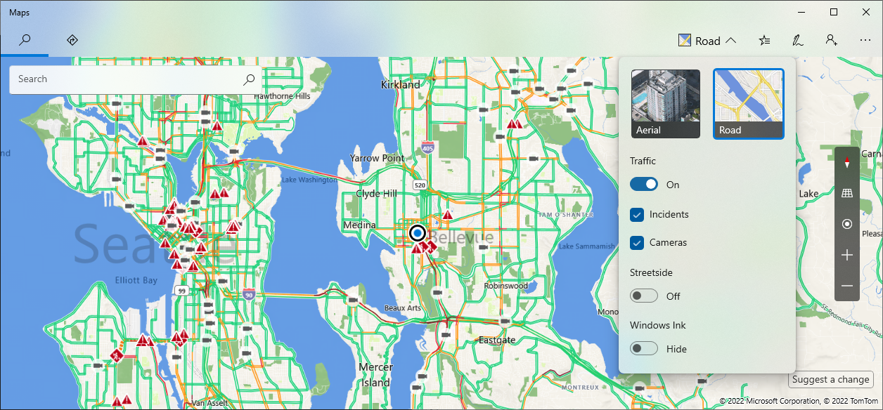 Windows Map app showing traffic and traffic incidents