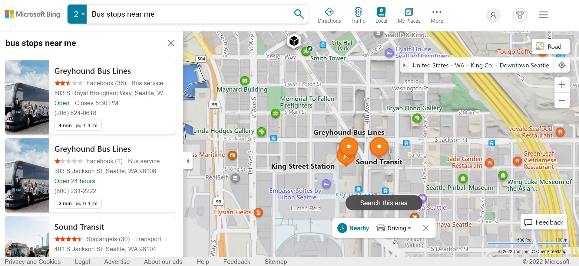 a bing maps local search for bus stops in Seattle