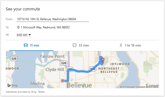 a driving commute visualized on a bing map of Bellevue