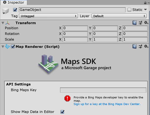 Maps SDK for Unity - Screenshot Inspector Window