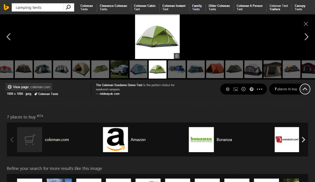 Tent shopping through Bing Image Search