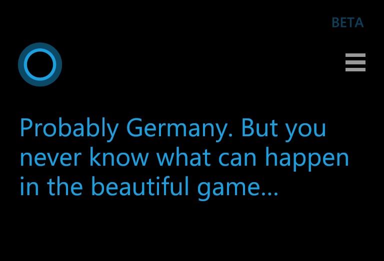 Auch Cortana nutzte die Prognosen der Bing Prognosen, um die richtigen Antworten auf die Frage nach dem Gewinner des nächsten Spiels zu geben.