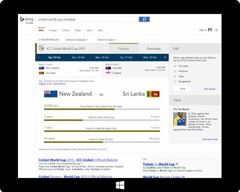 Showing experiences on m.bing.com