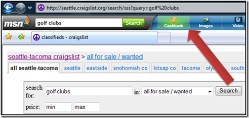 Image of MSN toolbar with cashback gleam