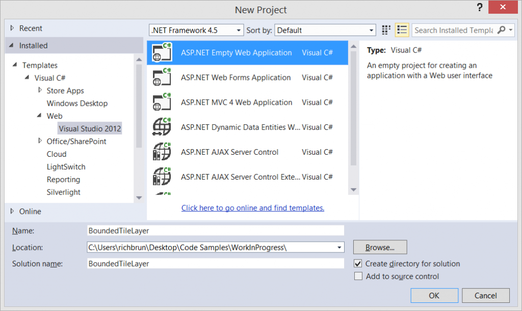 Screenshot: Creating a new ASP.NET Web Application