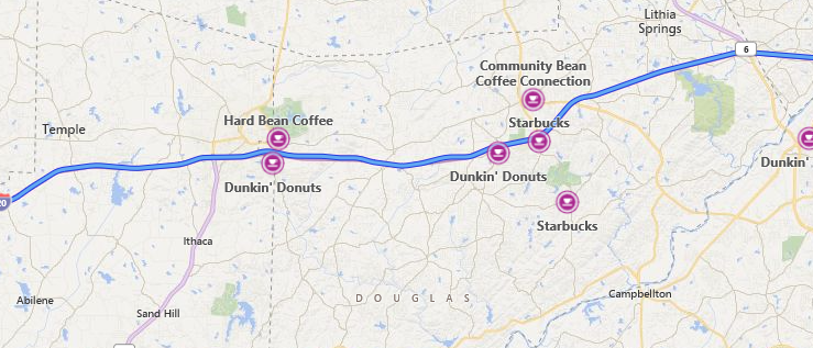 map of coffee shops along a route