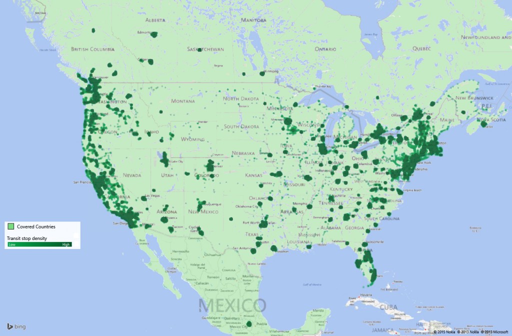Density of transit stops coverage in North America