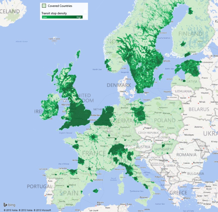 Bing Maps Transit coverage in Europe